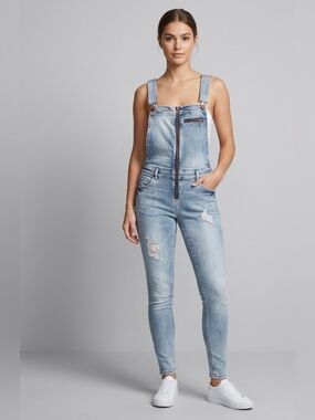 Tinseltown Light Wash Distressed Denim Overall Jumpsuit